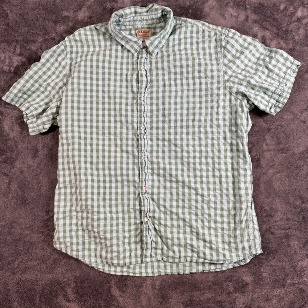 LL Bean Mens XL Button Down Shirt Green SS Gingham Organic Cotton 510008
